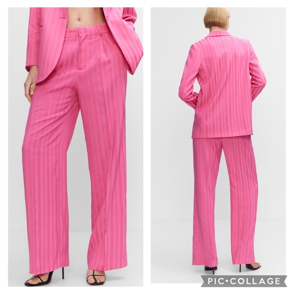 Mango Fuscia Pink Satin Stripe Pleated Straight Leg Flowy Pants Size M - Picture 13 of 16